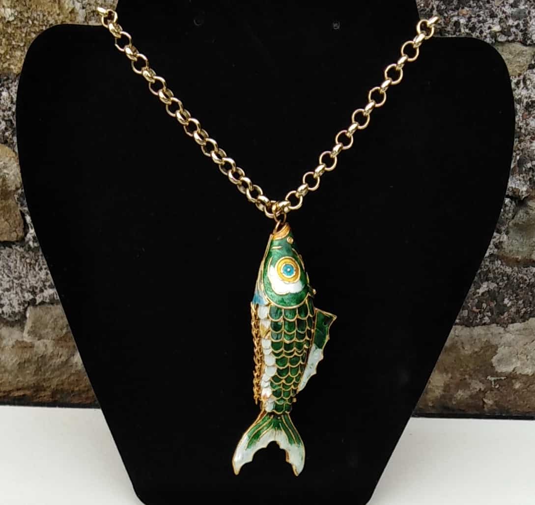 Oversized Vintage 1970s Articulated Cloisonné Fish Statement Necklace | Huge 4” Koi Pendant, 18” Heavy Gold Plated Chain
